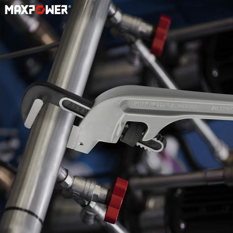 Heavy Duty 18 Inch Offset Pipe Wrench With 45 Degree Angled End For Tight Plumber Jobs Aluminum Lightweight Construction Clamping Up To 60mm Ideal For Close To Wall Piping And Parallel Work gripping metal pipe