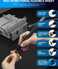 Multifunctional flexible shaft tool used with mini table saw for crafts, shown sanding a small wooden piece.