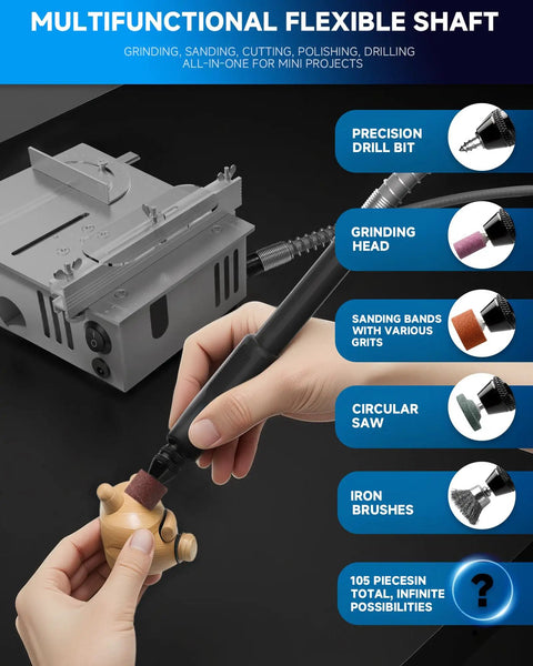 Multifunctional flexible shaft for grinding and sanding wood, showcasing precision drill bit and various tools for DIY projects.