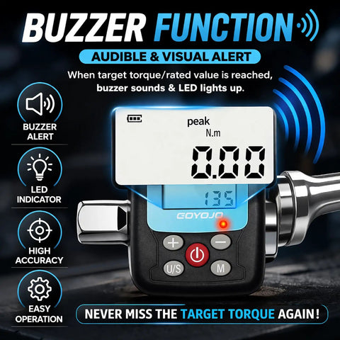Digital Torque Wrench Adapter Kit With 4-135Nm Range And Electronic Display featuring buzzer and LED alert functions.