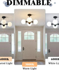 Mid Century Modern Semi Flush Mount Ceiling Light Fixture Farmhouse Black Globe Sputnik Chandelier With Four Milk Glass Globes For Hallway And Living Areas Dope Glow showcasing dimmable light options.
