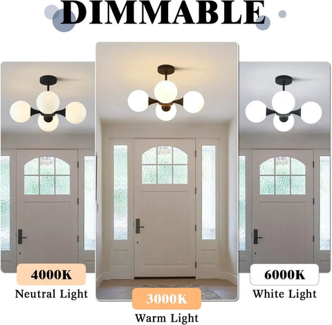 Mid Century Modern Semi Flush Mount Ceiling Light Fixture Farmhouse Black Globe Sputnik Chandelier With Four Milk Glass Globes For Hallway And Living Areas Dope Glow showcasing dimmable light options.