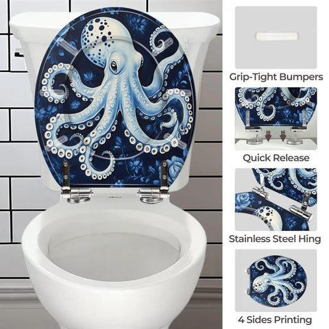 Octopus Round Toilet Seat for Bath featuring blue octopus design, stainless steel hinge, and quick release mechanism.