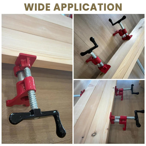 Heavy Duty 6 Pack 3/4 Inch Pipe Clamps With Solid Cast Iron Foot Design For Knockout Woodworking Gluing And Beast Mode Diy Carpentry Projects, showing adjustable clamps in use on wood.