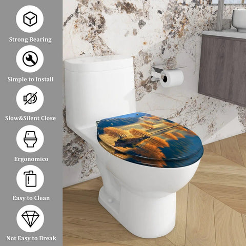 Elongated Toilet Seat for Bathroom with artistic design on top, fitted on a white toilet in a modern bathroom setting.