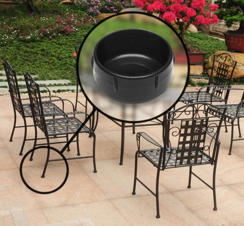 These Dang Tough Nylon Glide Caps For Wrought Iron And Metal Patio Furniture Are Heavy Duty Replacement Floor Protectors That Keep Your Deck Scratch Free And Totally Looking Fresh, shown on chair leg.