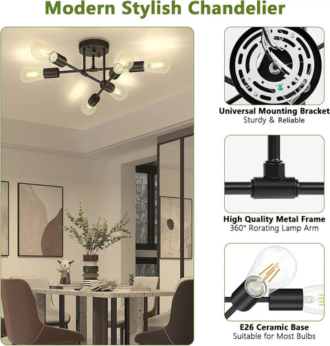 Modern stylish chandelier with high-quality metal frame and E26 ceramic base, showing universal mounting bracket and rotating lamp arm.