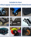 Replacement Luggage Wheels And Hacksaw Kit for suitcases, showcasing various installations on luggage and skate devices.