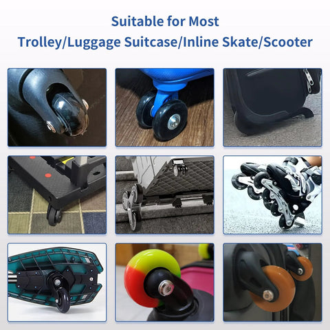 Replacement Luggage Wheels And Hacksaw Kit for suitcases, showcasing various installations on luggage and skate devices.