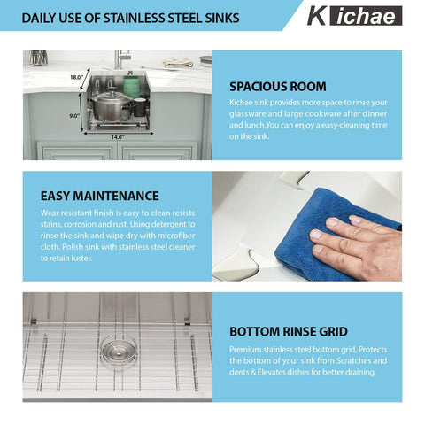 Guide to daily use of stainless steel sinks with spacious room, easy maintenance, and bottom rinse grid for effective drainage.