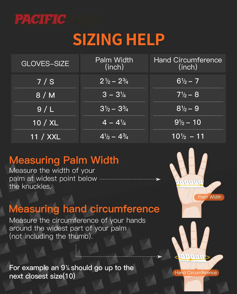 Sizing chart for Extra Thick 8 Mil Orange Nitrile Work Gloves Heavy Duty Disposable Knit Cuff for Mechanics and Tradesmen.