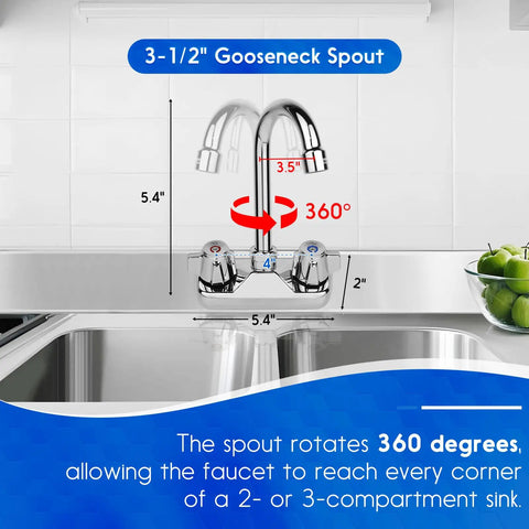Leak-Free Commercial Hand Sink Faucet With Ceramic Valve, Four Inch Center Wall Mount With Three And A Half Inch Swivel Gooseneck Spout, dual knobs, brass