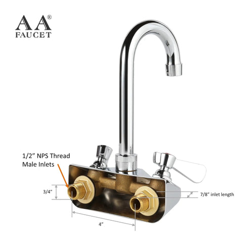Wall Mount 4 Inch Gooseneck Hand Sink Faucet With Three And A Half Inch Spout, Heavy Duty Brass Construction, Chrome Polished Finish