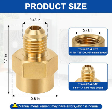 1/4 SAE To 1/4 NPT Brass Adapter AC Refrigeration Pipe Connector Fittings with precise dimensions displayed.