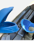 Universal Windshield Washer Fluid Reservoir Cap Replacement with Funnel Mode installed and detached, blue cap, fits 46-55 mm neck