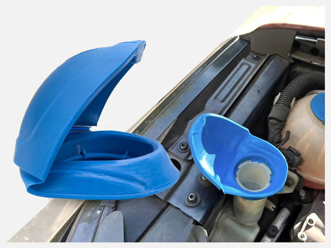 Universal Windshield Washer Fluid Reservoir Cap Replacement with Funnel Mode installed and detached, blue cap, fits 46-55 mm neck