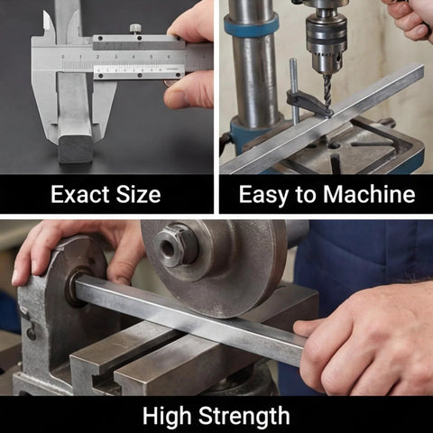 Square steel key stock bar, 1/2 in x 1/2 in x 12 in, cold-drawn 45# steel for shaft keyways.