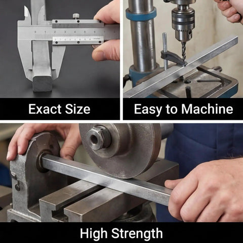 4 Piece Square Key Stock Set 6mm By 6mm By 12 Inch Cold Drawn 45 Steel For Shaft Keyways in use with caliper and machining tools.