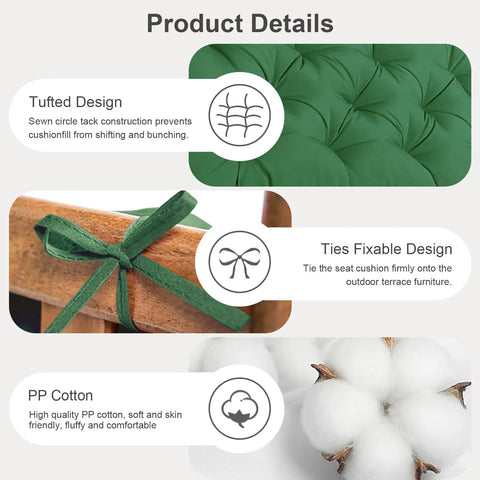 Details showing tufted design, ties fixable design, and PP cotton used in Waterproof Tufted Outdoor Chair Cushions, Thick Navy Blue Bench Cushion.