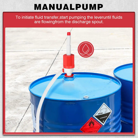 Heavy Duty Manual Drum Siphon Pump With Replacement Flex Hose For 55 Gallon Barrels, shown inserting into blue barrel.