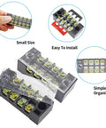 Five Sets Of Four-Position Dual-Row Screw Terminal Blocks, 600V 15A, Heavy Duty Strip With Barrier Jumpers, Includes Ten Jumpers In Black And Red, Perfect For Pro Electronics Projects And DIY Power Distribution Gear. Small 4-position dual-row screw terminal block with clear cover