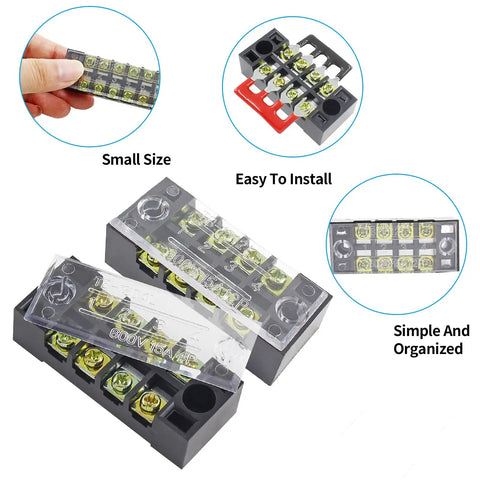 Five Sets Of Four-Position Dual-Row Screw Terminal Blocks, 600V 15A, Heavy Duty Strip With Barrier Jumpers, Includes Ten Jumpers In Black And Red, Perfect For Pro Electronics Projects And DIY Power Distribution Gear. Small 4-position dual-row screw terminal block with clear cover