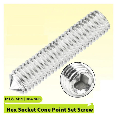 Rock Solid Hexagon Socket Set Screws With Cone Point Tips For Heavy Duty Locking And Assembly Crafted From Rust Resistant 304 Stainless Steel In M2 To M12 Din914 Sizes For Smooth No Sweat Installation