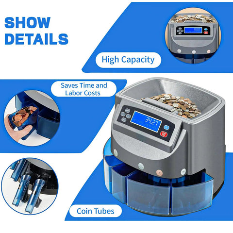 Slick Automatic Coin Counter And Wrapping Machine Featuring No Fuss LCD Screen and Fast Lane Sorting Action showing coins and coin tubes.