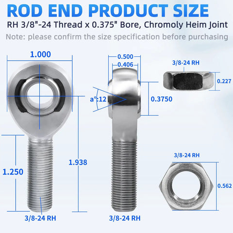 Durable 3/8-24 RH Rod End Bearing Kit Heim Joint With Chromoly C1045 Steel For Heavy Duty Linkage High Strength Fatigue Resistant Ready For Extreme Shock Load Applications, 3/8-inch bore with jam nut
