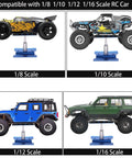 Four RC cars on Beefy RC Car Repair Stand With 1100 Piece Screw Kit for 1/8 to 1/16 scale models, displayed by scale.
