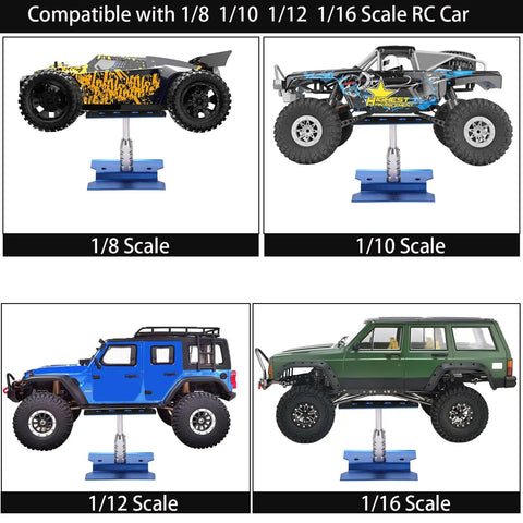 Four RC cars on Beefy RC Car Repair Stand With 1100 Piece Screw Kit for 1/8 to 1/16 scale models, displayed by scale.