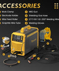Aluminum MIG Welder With Pulse 250A Dual Voltage 110V 220V 6 In 1 Multifunctional Welding Machine Pulsed MIG Gas MIG shown with accessories