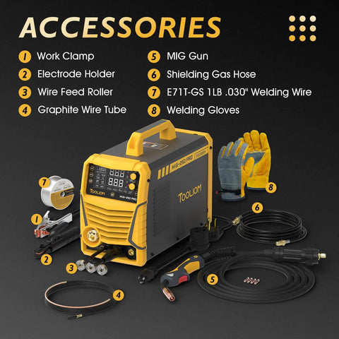 Aluminum MIG Welder With Pulse 250A Dual Voltage 110V 220V 6 In 1 Multifunctional Welding Machine Pulsed MIG Gas MIG shown with accessories