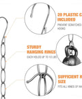 Diagram of Seven Loop Metal Closet Hanger Chain 10 Pack Space Saving Hangers showing metal hooks, plastic caps, and sturdy rings.