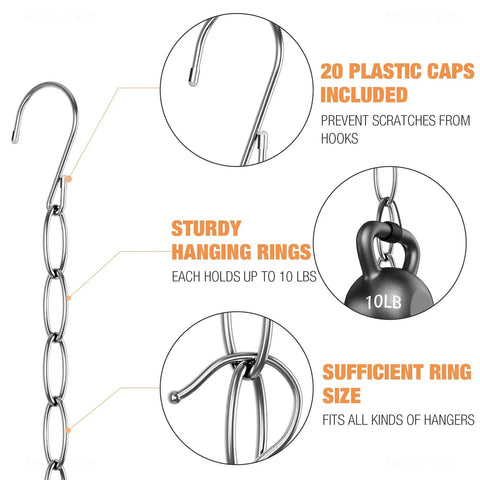 Diagram of Seven Loop Metal Closet Hanger Chain 10 Pack Space Saving Hangers showing metal hooks, plastic caps, and sturdy rings.