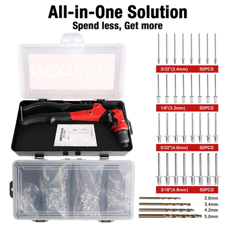 Rivet Nut Tool And Pop Rivet Gun For One Handed Tight Space Riveting All In One Kit with red handle in storage case