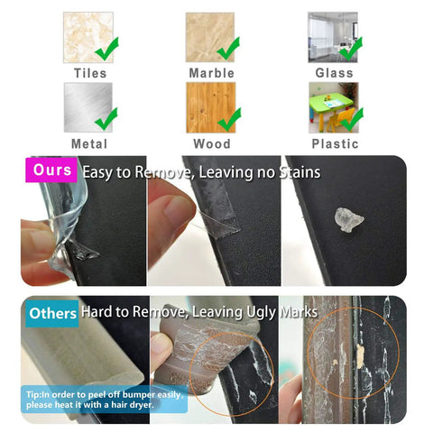 Image comparing easy-to-remove clear silicone corner guards for baby proofing home furniture to other brands, showcasing durability.