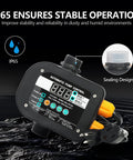 Plug Play Smart Pump Controller With Auto Water Level And Flow Tracking Digital Readout Compatible 110V To 240V Includes One Inch Npt Fittings close-up with display and IP65 design