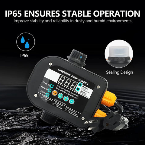 Plug Play Smart Pump Controller With Auto Water Level And Flow Tracking Digital Readout Compatible 110V To 240V Includes One Inch Npt Fittings close-up with display and IP65 design