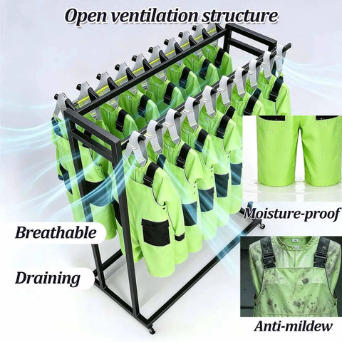 Heavy Duty Double Row Rolling Garment Rack With Twenty Bars For Life Vests And Wetsuits ventilated with bright green gear.