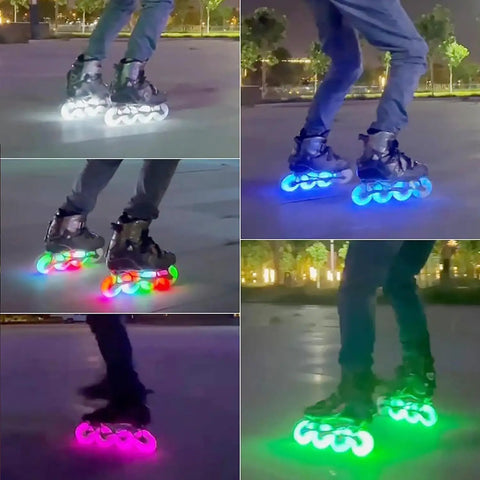 LED Light-Up Inline Skate Wheels Set With Magnetic Core And Bearings For Indoor And Outdoor Use 90A Hardness 8-Pack In Red 90MM glowing during night skating