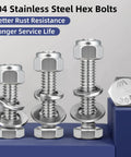 Set of three 304 stainless steel hex bolts with washers and nuts, 1/4-20, fully threaded