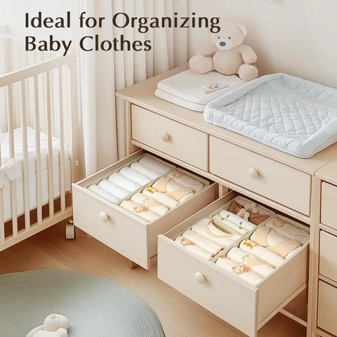 Fabric Drawer Organizers For Clothes, Dresser Bins With Adjustable Divider Panels, Closet Storage Cubes For Baby Knickknacks And Underwear, Beige Four Pack That Keeps Your Drawers Straight Up Neat And Hassle Free, organizing baby clothes in drawers.