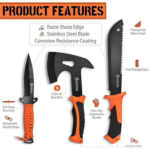15 Inch Machete And 10 Inch Camping Axe Hatchet Knife Set For Outdoor Survival showing blades and rubber handles