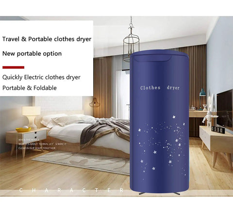 Portable Travel Clothes Dryer 900W Compact Electric Dryer For Apartments, Foldable And Lightweight, shown in a modern bedroom.
