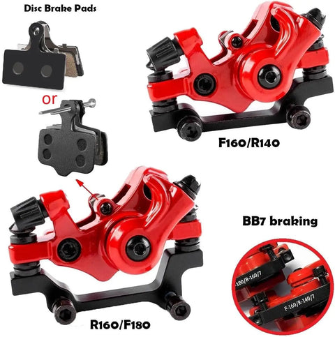 All In One Mechanical Bike Disc Brake Kit With Front And Rear Calipers Two 160mm Rotors Cables Levers And Mounting Screws Red BB7 Style System No Hassle Plug And Play Ready To Ride, red calipers, pads, and labels