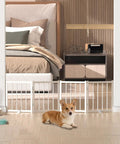 Short Dog Gate For Tiny Paws Under Fifteen Pounds With Foldable Four Panel Barrier Expands To Forty Eight Inches Wide, secures a corgi.
