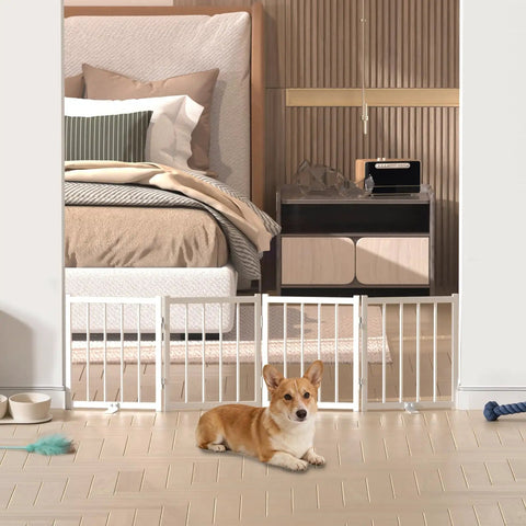Short Dog Gate For Tiny Paws Under Fifteen Pounds With Foldable Four Panel Barrier Expands To Forty Eight Inches Wide, secures a corgi.