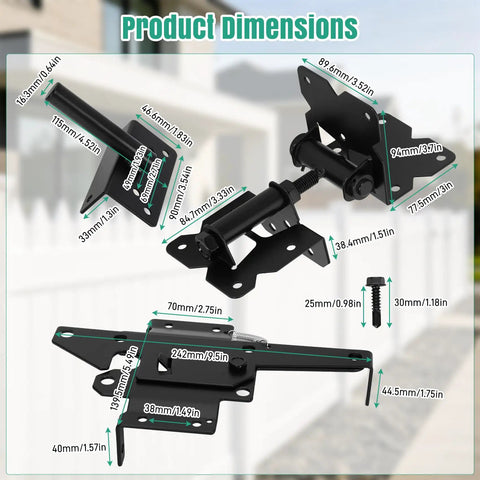 Dimensions of Self Closing Gate Hinge And Latch Hardware Kit For Wood And Vinyl Fences Heavy Duty Stainless Steel With Rust Resistant Black Finish