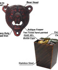 Rugged Cast Iron Bear Head Wall Mounted Bottle Opener With Antique Copper Screws And Built In Cap Catcher For Popping Cold Brews On Your Patio Or Man Cave with cap catcher.